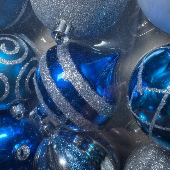 Shatterproof Blue Silver Holiday Ornaments Box of 52 NEW - Picture 2 of 5